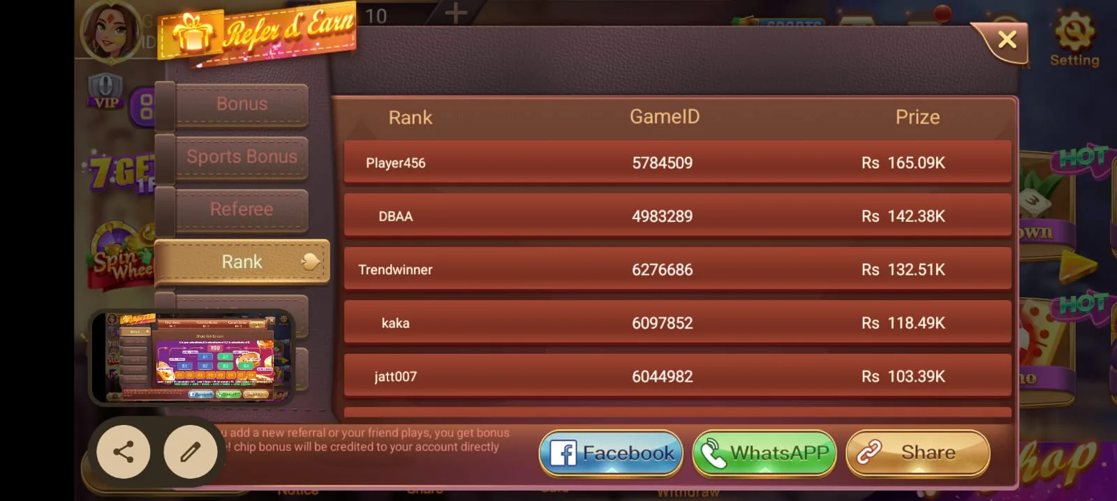 Dragon Tiger Club referral Rank leaderboard showing top players and prize amounts up to Rs 165K