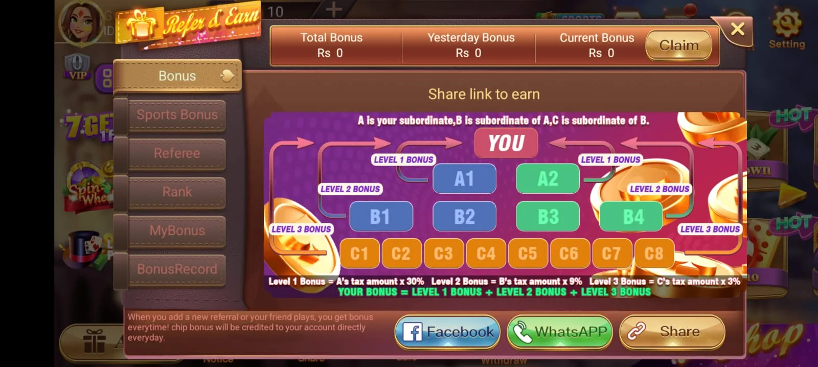 Dragon Tiger Club Refer & Earn screen showing Level 1, Level 2 and Level 3 subordinate commission tree